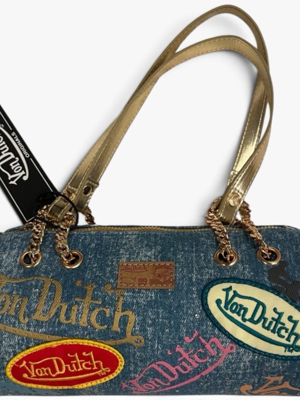 Von Dutch Y2K denim patchwork barrel style purse handbag gold handle NWT